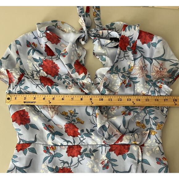 Bardot Mini Wrap Dress Size 8 Blue Red Floral Ruffle Chiffon Cut Out Back V Neck - Picture 6 of 11